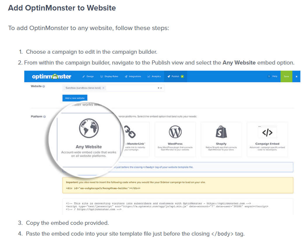 Adding OptinMonster to website; step-by-step guide.