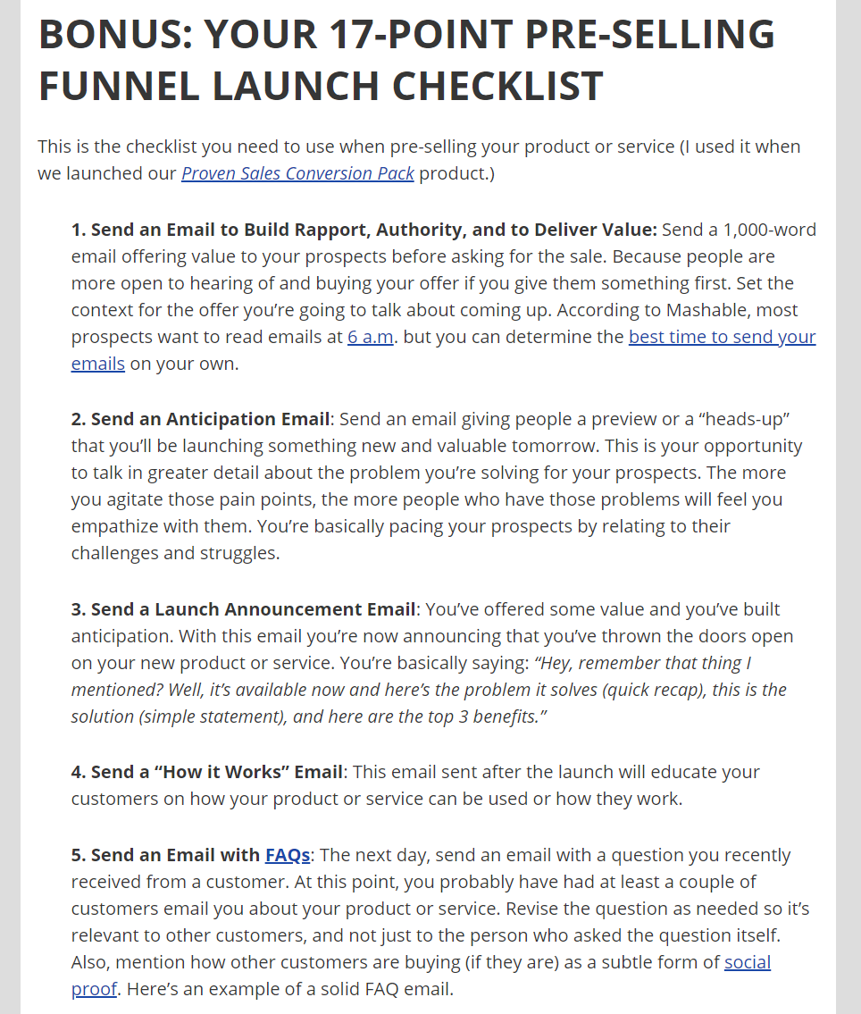 17-point pre-selling funnel checklist.
