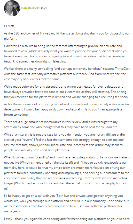 ThriveCart CEO responds to SamCart review.