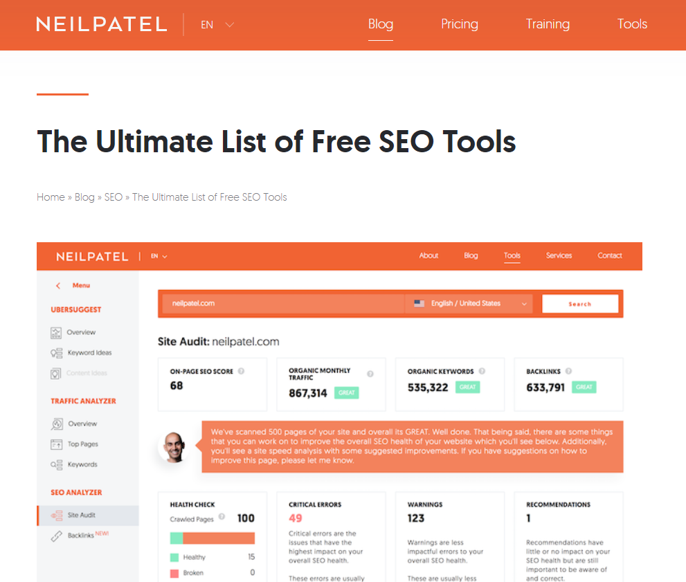 Free SEO tools list, site audit results.
