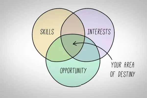 Venn diagram: interests, skills, opportunity.