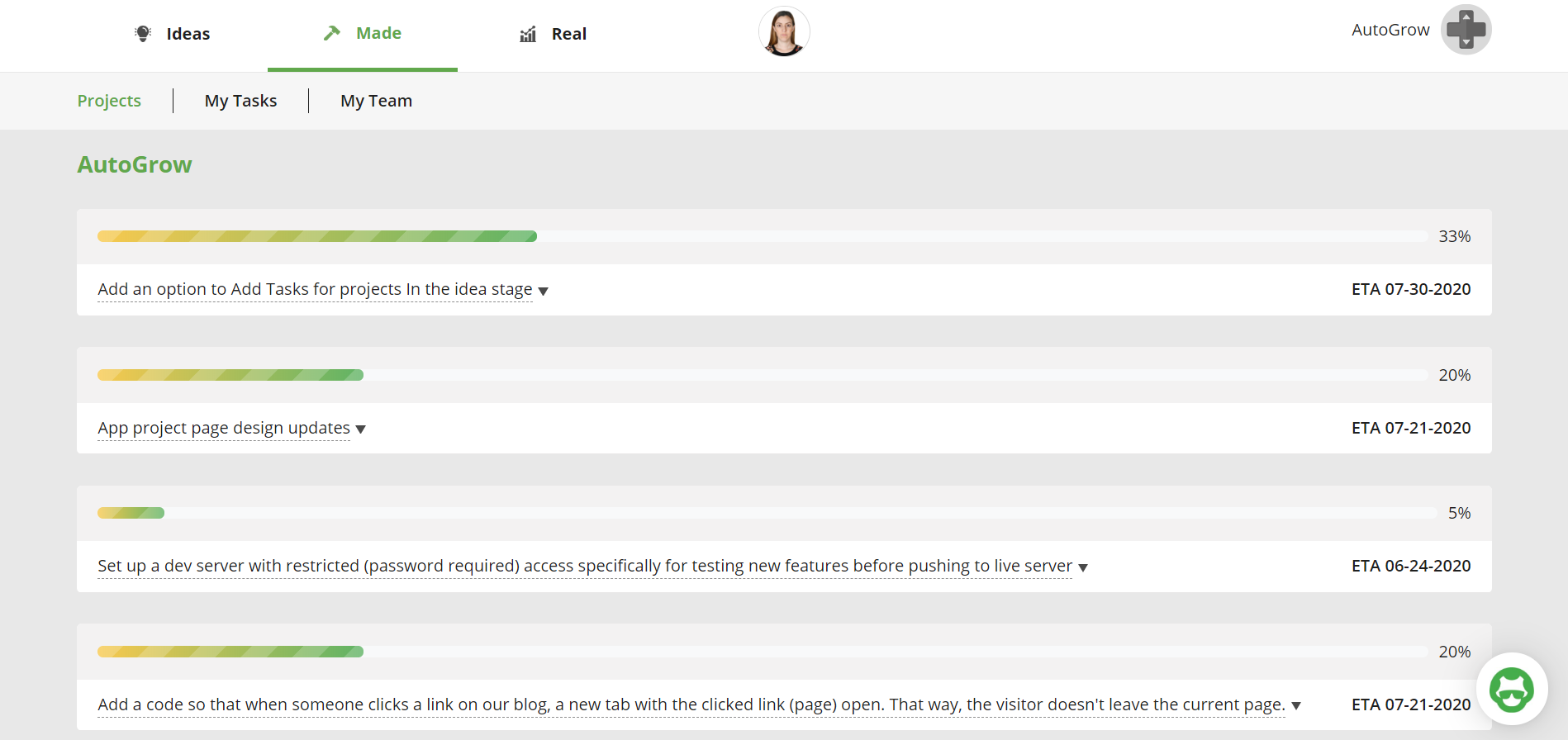 Project progress bar chart.