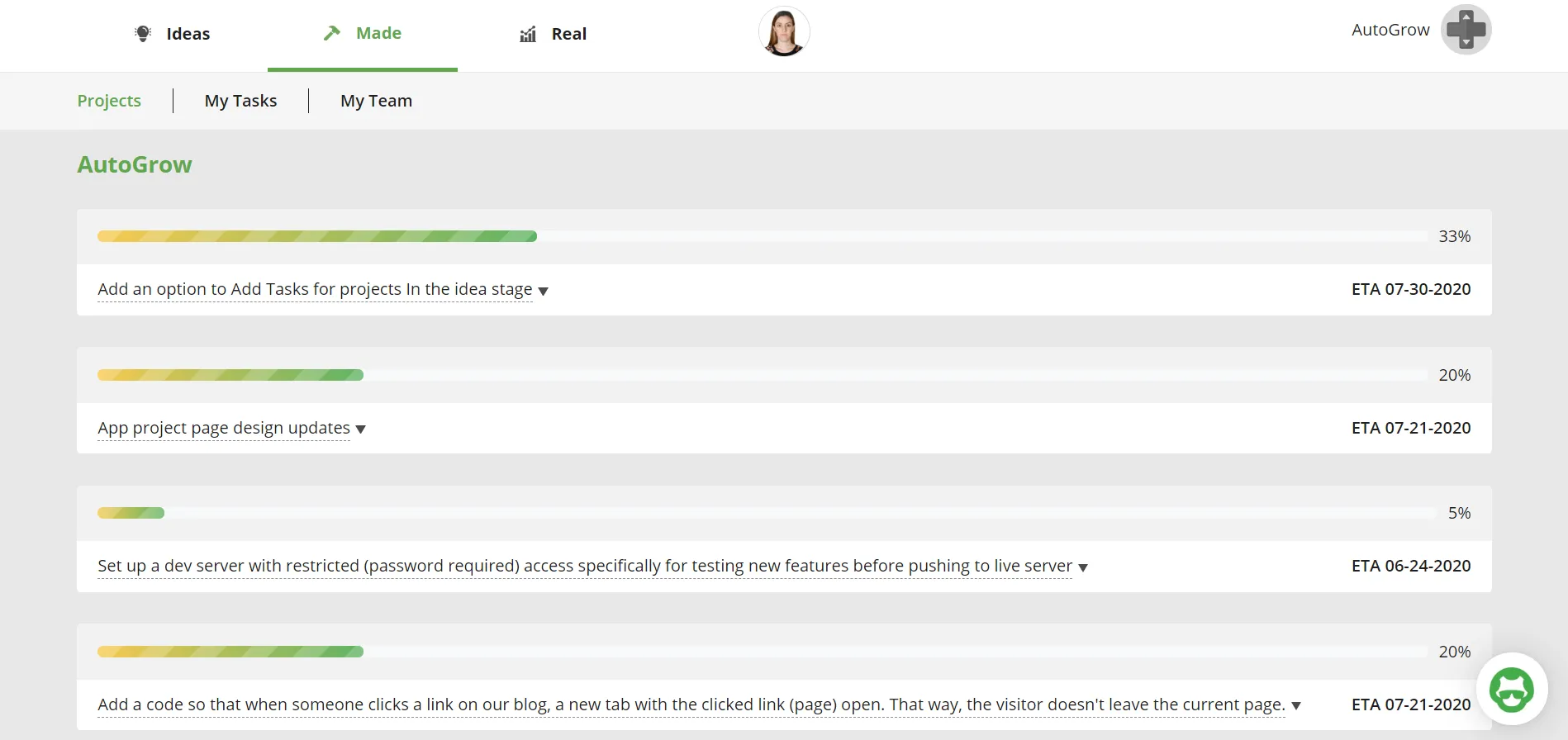 Project progress bar chart.