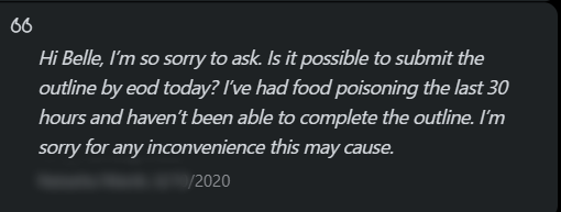 Applicant's food poisoning, late outline.