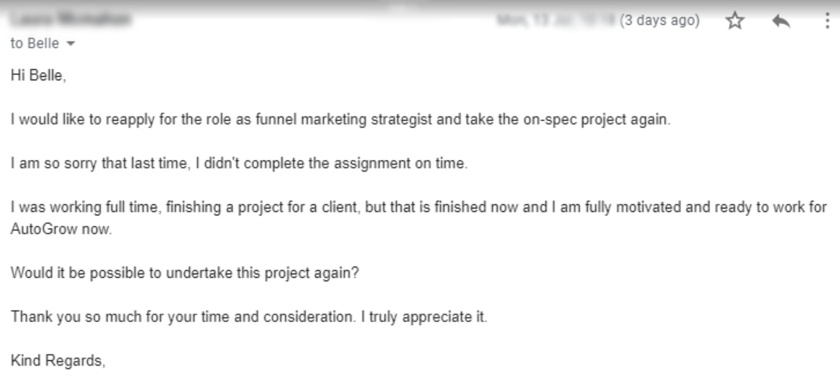 Email asking to reapply for project.