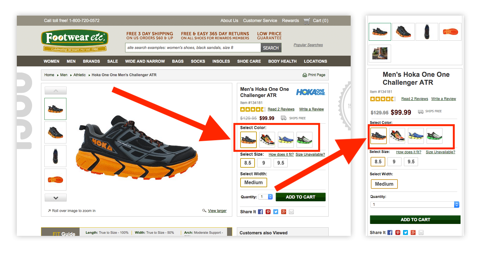 Shoe color and size options.