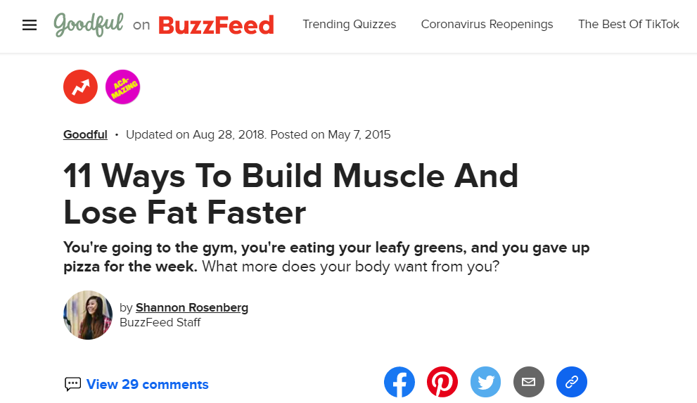 BuzzFeed article on building muscle and losing fat.