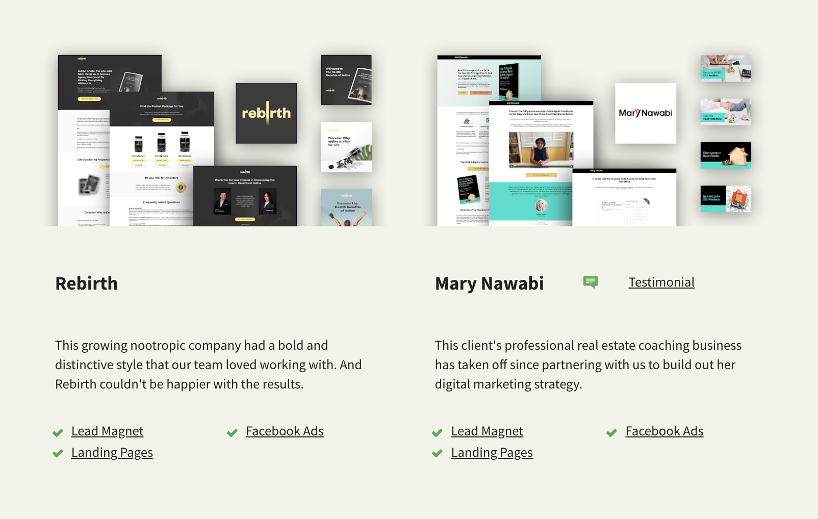 Marketing materials for Rebirth and Mary Nawabi.