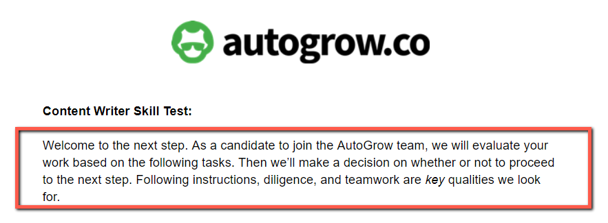 AutoGrow skill test, next hiring step.