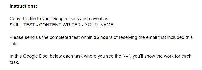 Content writer skill test instructions.