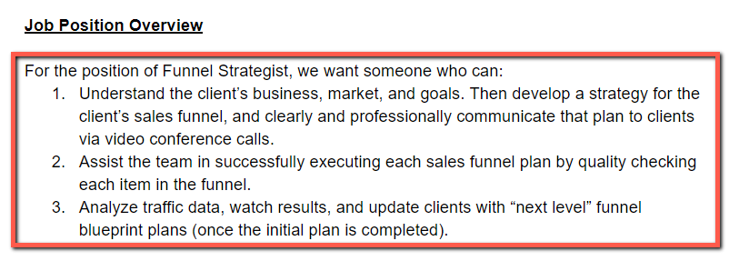 Job description for Funnel Strategist.