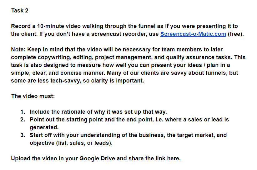 Video task instructions for funnel.