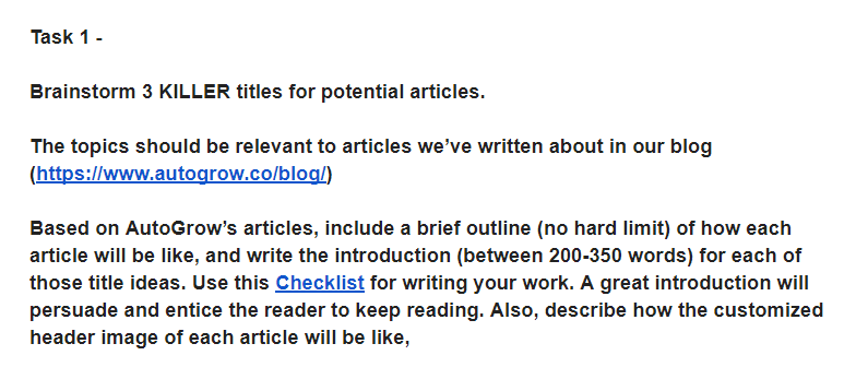 Article writing task checklist.