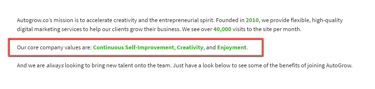 AutoGrow company values: growth, creativity, enjoyment.
