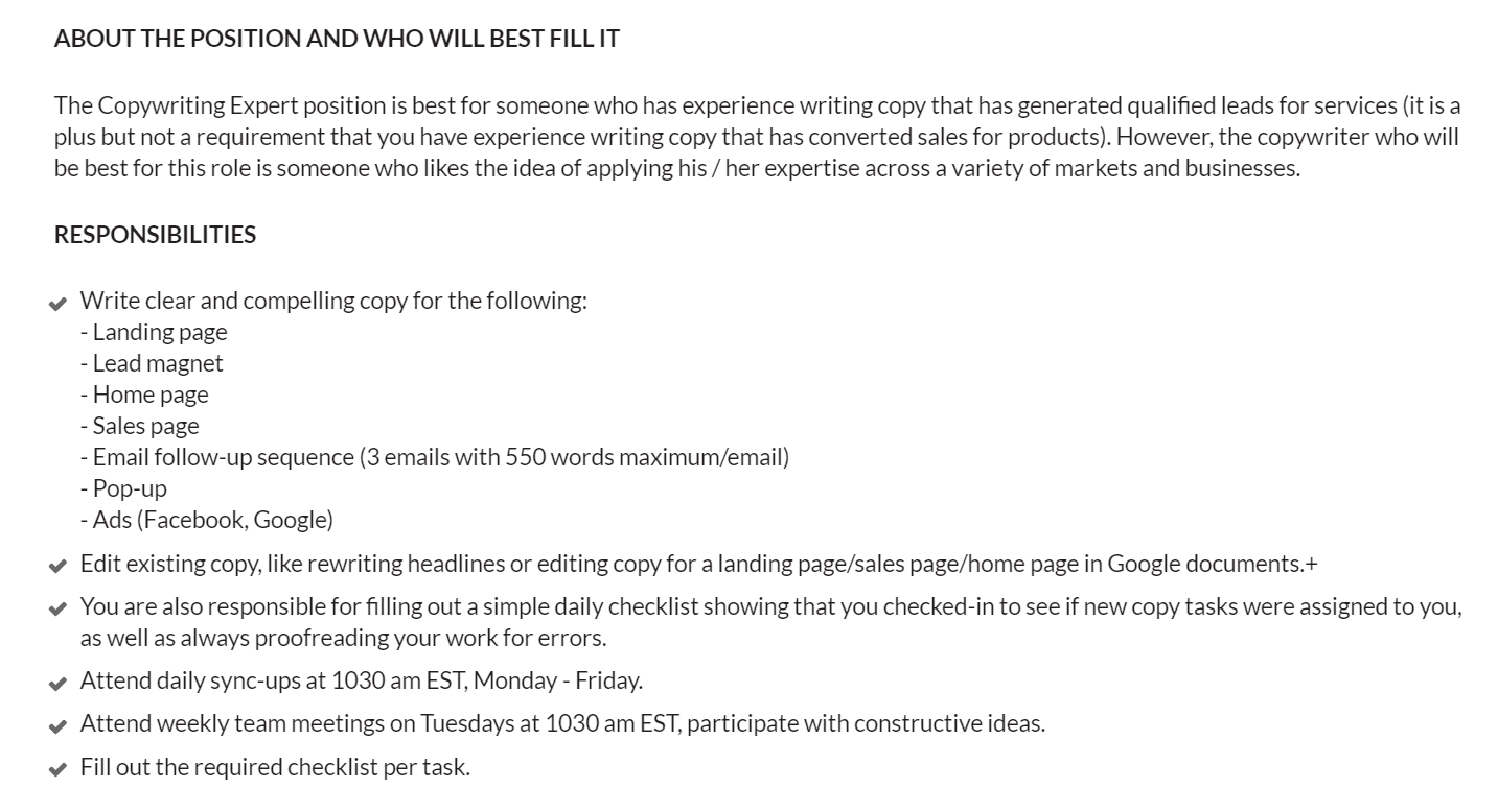 Copywriting job responsibilities.