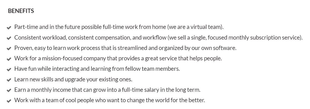 Copywriting job benefits: flexible work, good pay.