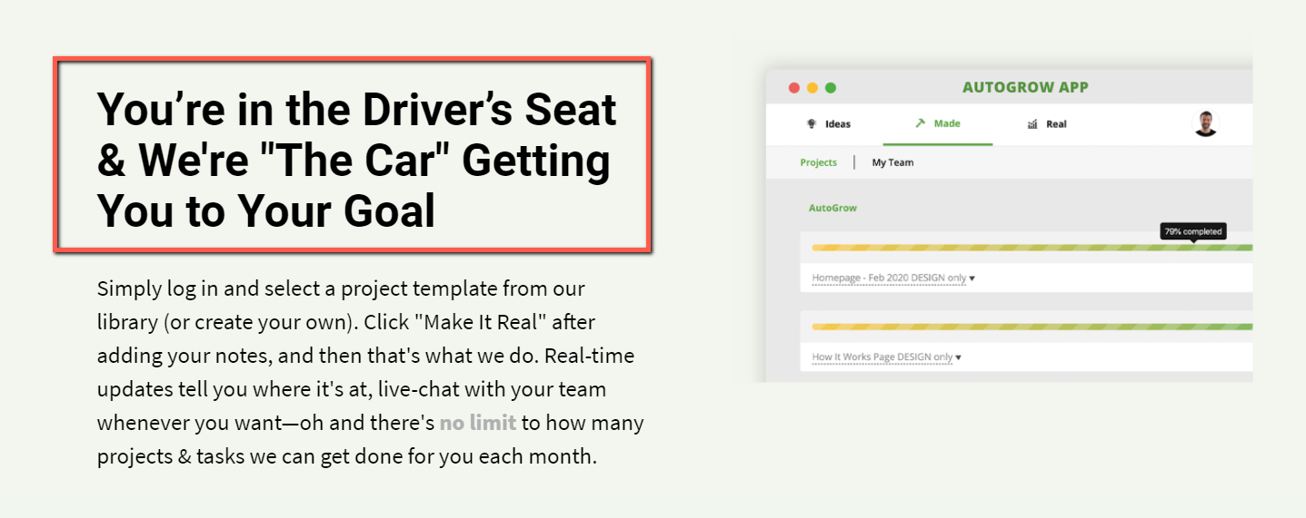 AutoGrow app, client control, live chat.