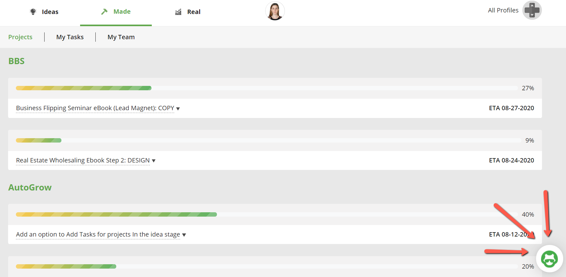 Growbo web app project progress.