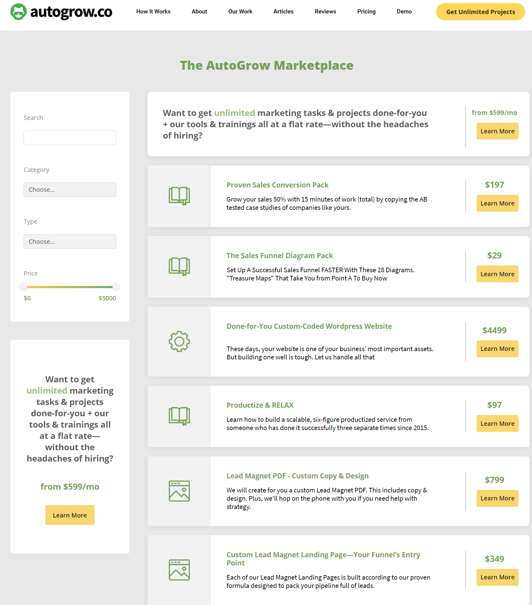 Marketing products, done-for-you services.