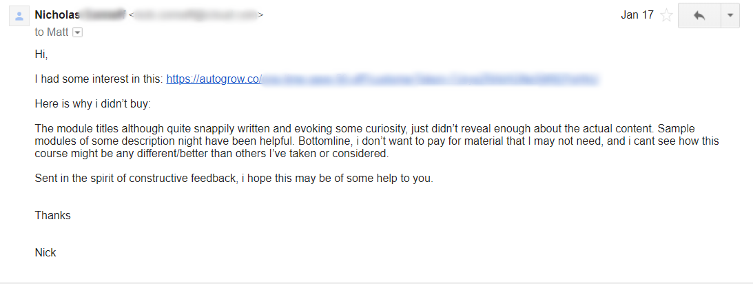 Customer feedback: sales growth.