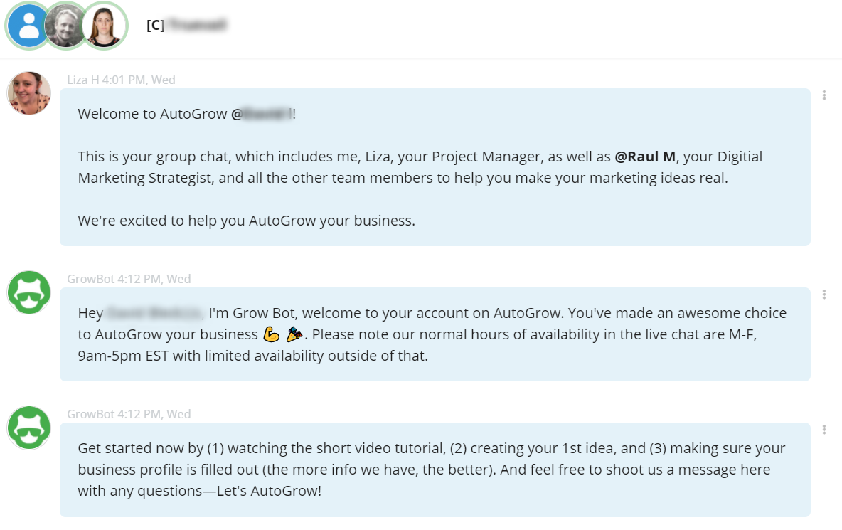 AutoGrow web app chat interface.