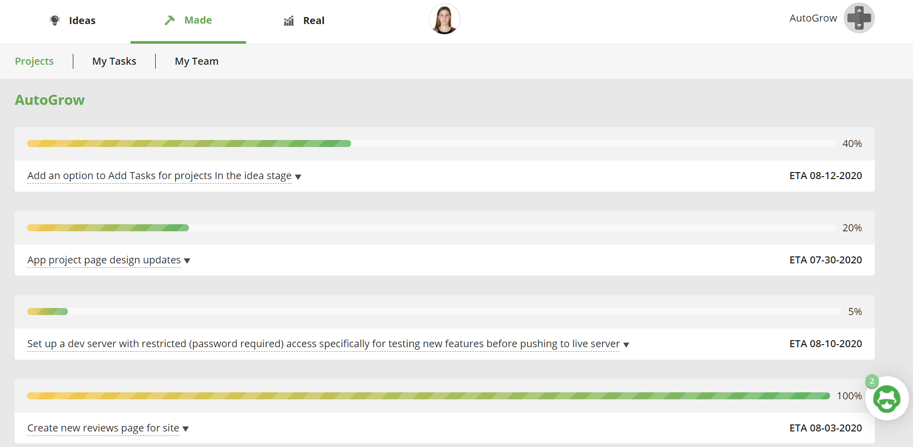 Growbo app task progress bar.