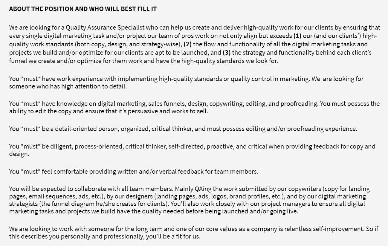 Quality Assurance Specialist job opening.