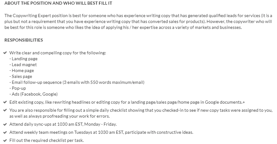 Copywriting responsibilities; tasks & benefits.