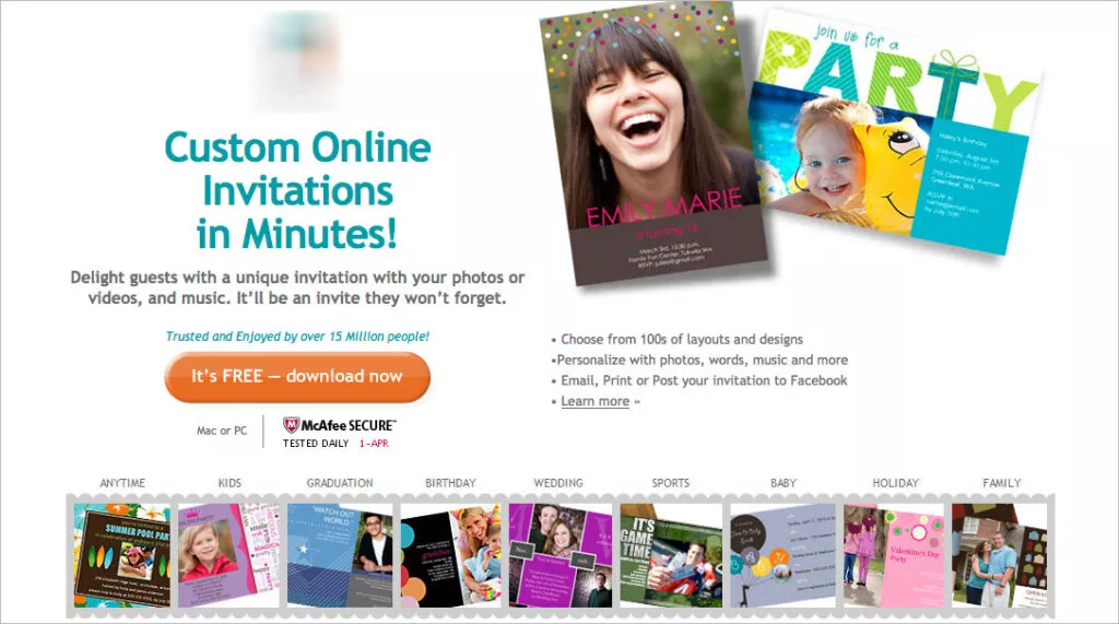 Online invitation templates, various themes.