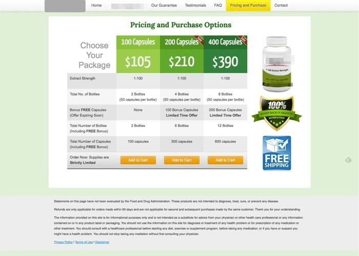 Pricing options for supplement capsules.