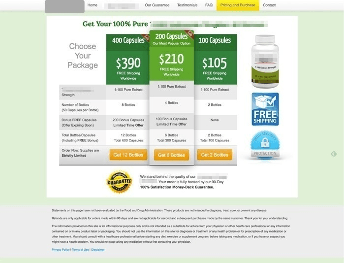 Supplement packages, prices, and shipping.