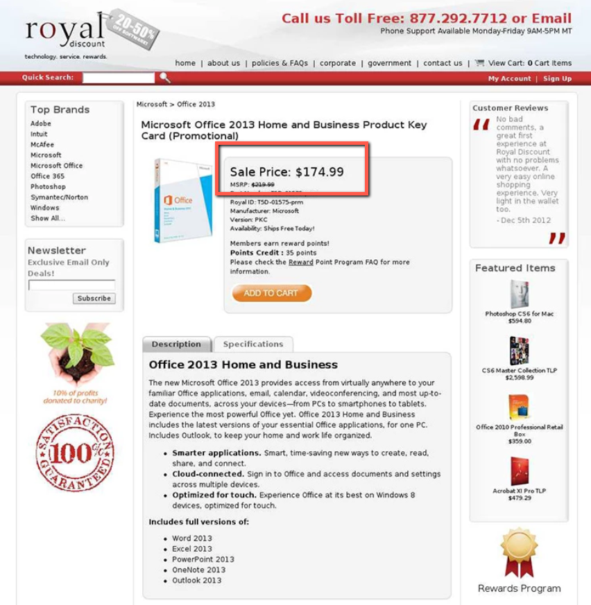 Microsoft Office 2013, $174.99.