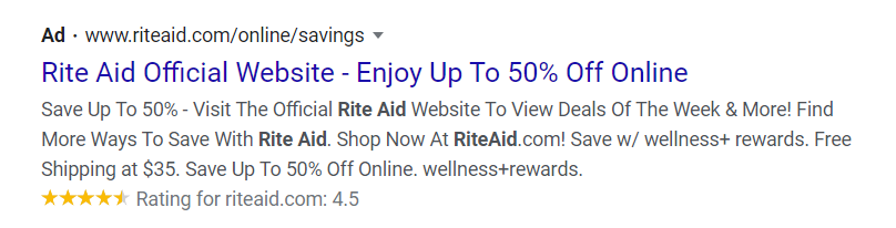 Rite Aid ad, 50% off, online savings.