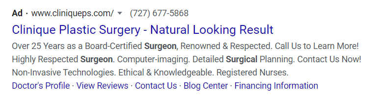 Plastic surgery clinic ad. Call to learn more.