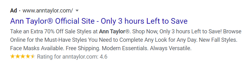 Ann Taylor ad, 70% off, 3 hours left.