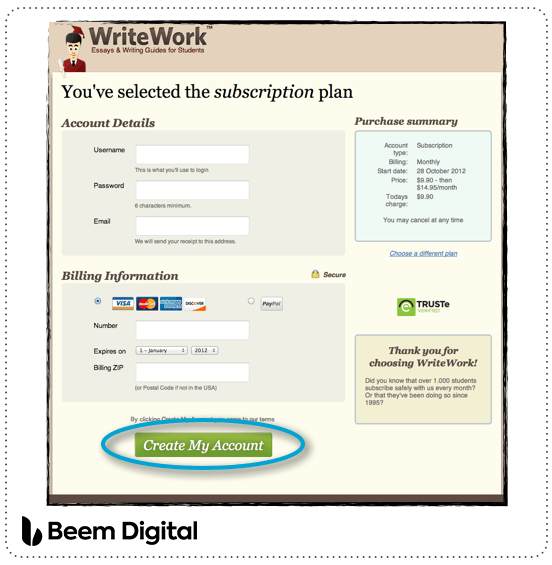 Online subscription form, create account button.