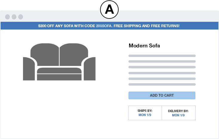 Gray sofa, free shipping, returns.