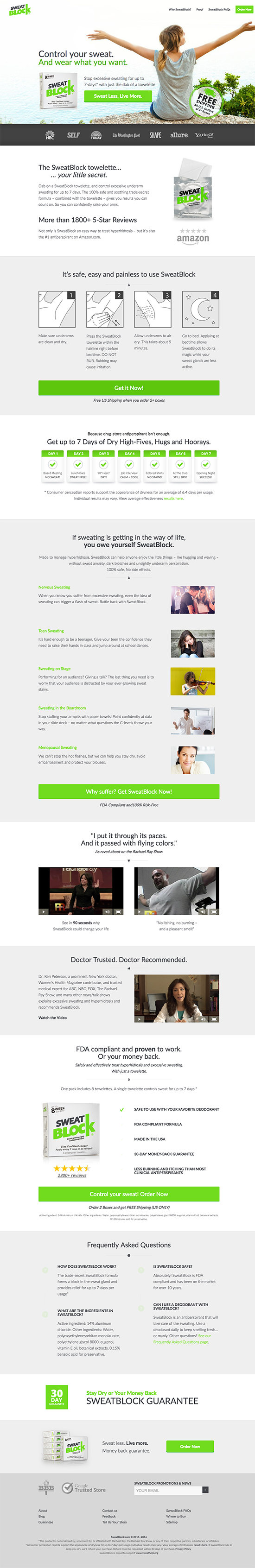 SweatBlock product webpage.