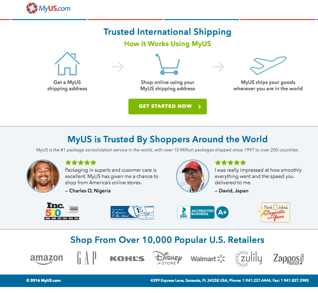MyUS international shipping testimonials.