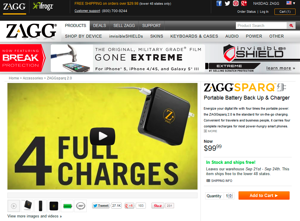 Portable battery charger, 4 full charges.