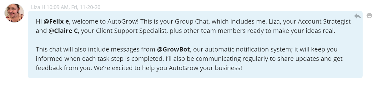 AutoGrow group chat welcome.