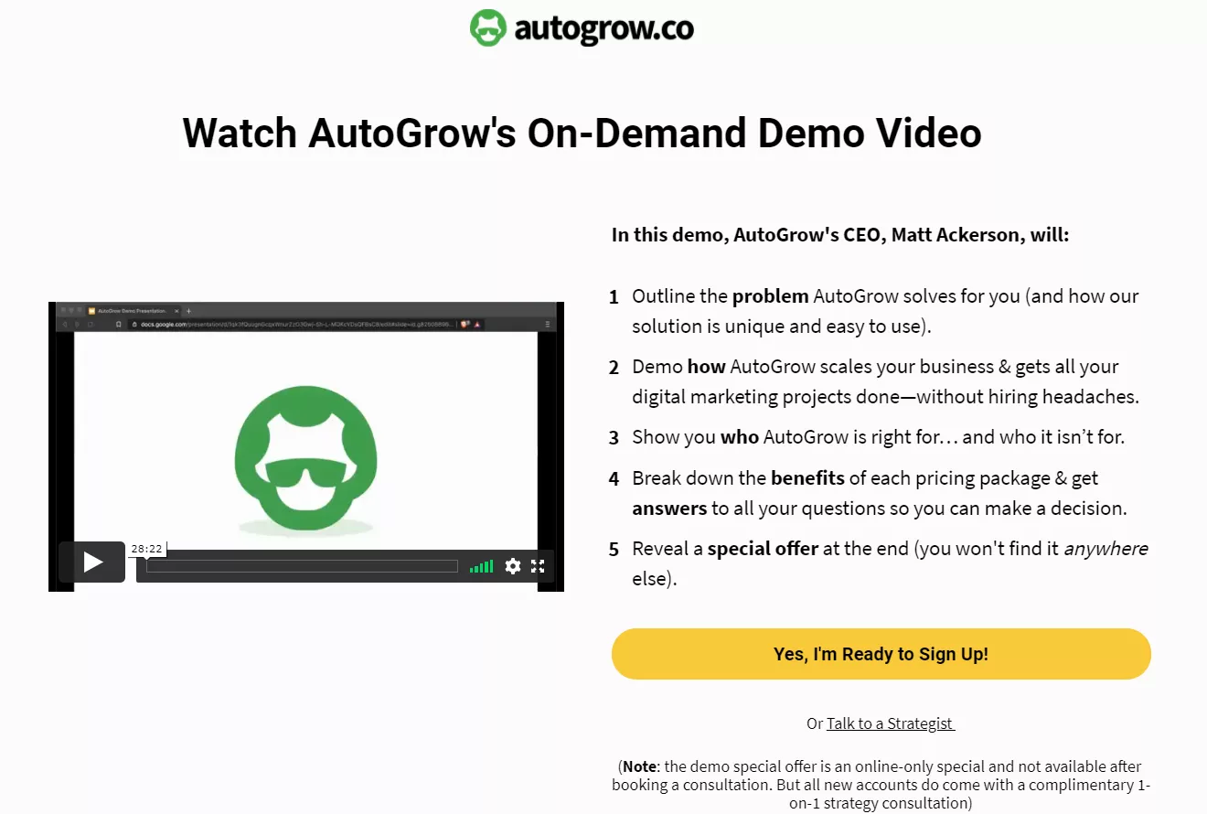 AutoGrow demo video; lead generation strategy.