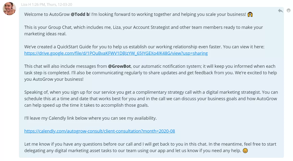 AutoGrow group chat, marketing help.