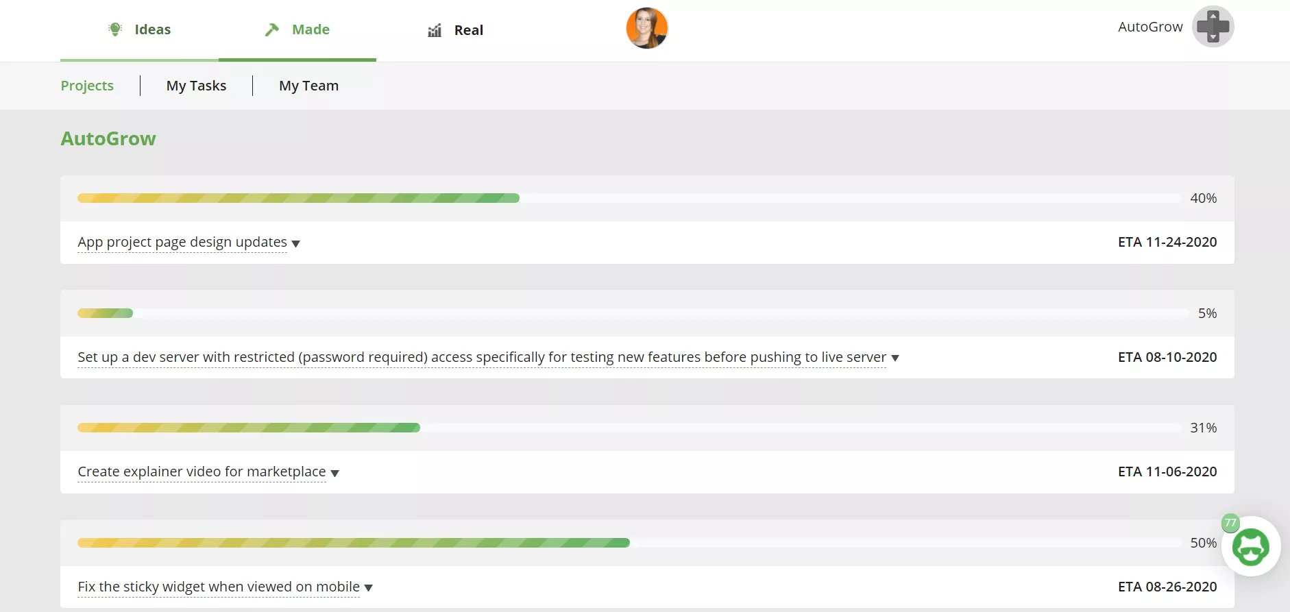 Project progress dashboard.