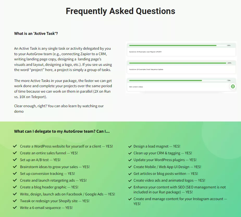 AutoGrow team tasks, detailed FAQs.