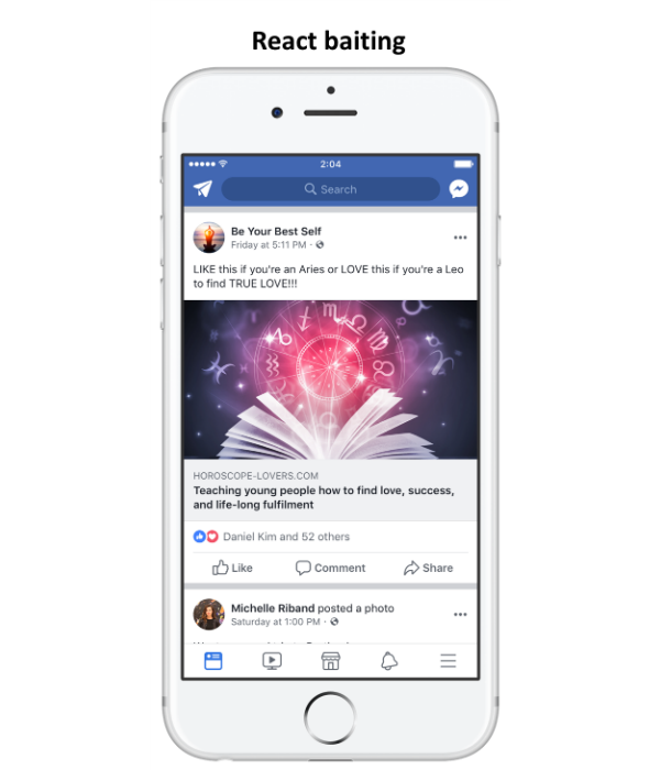 Facebook react baiting post.