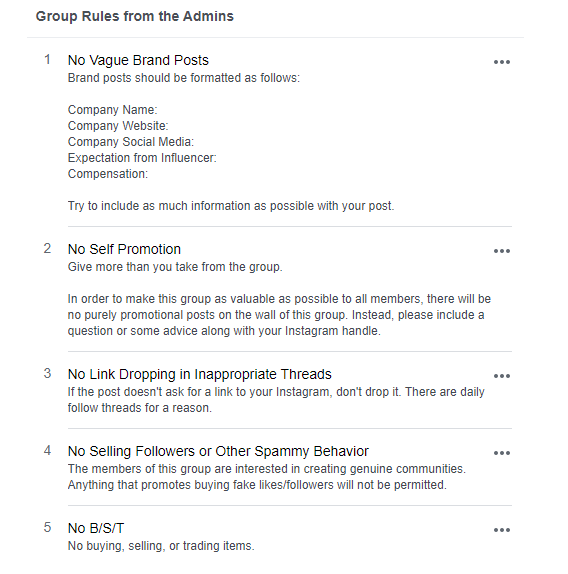Facebook group rules, no spam, self-promotion.