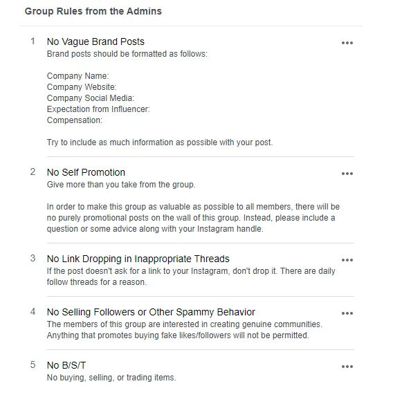Facebook group rules, no spam, self-promotion.