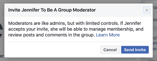 Facebook group moderator invite.
