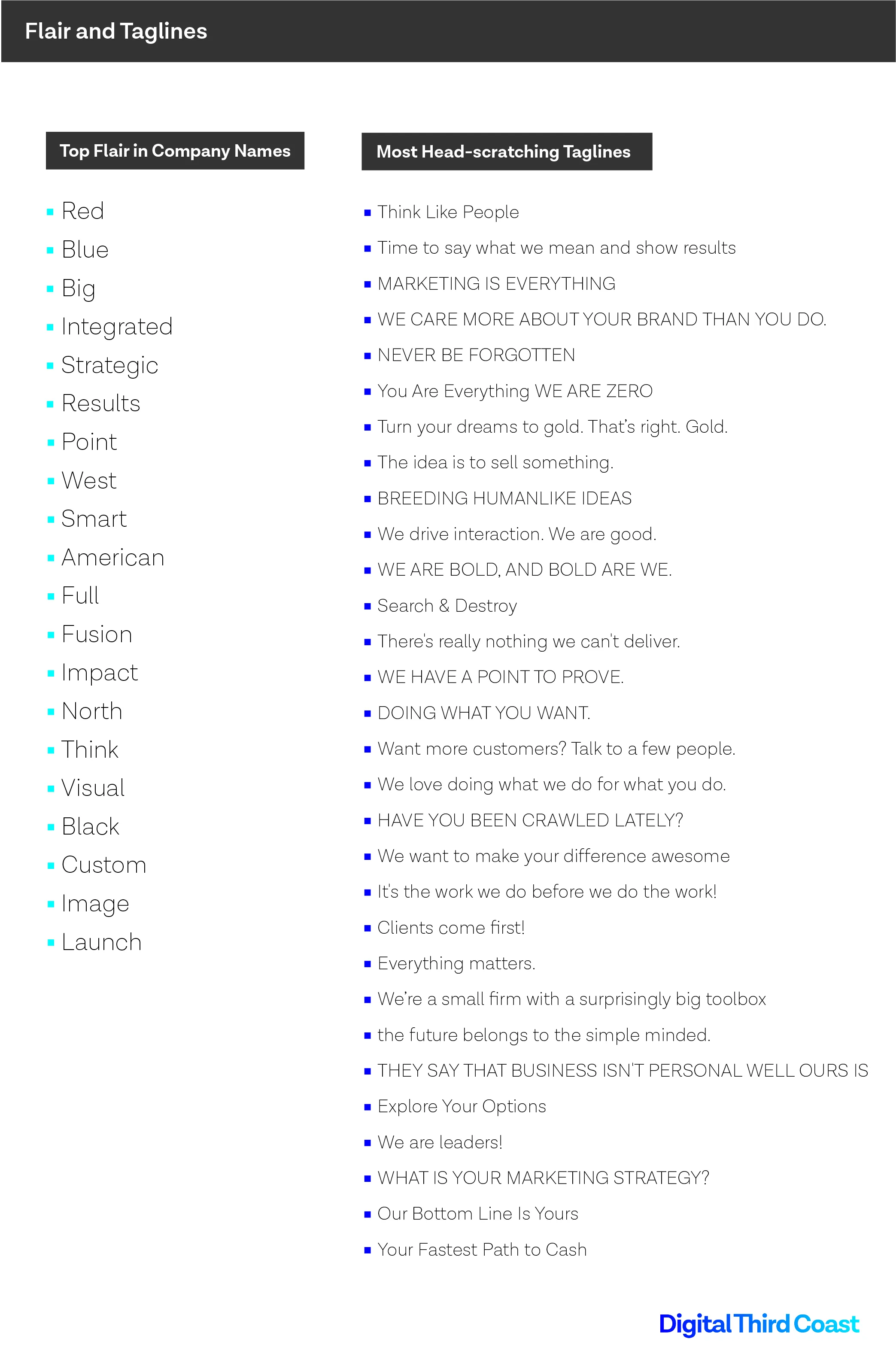 Agency taglines & company names.